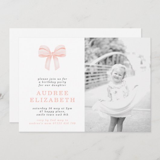 Eenvoudige Blush Coquette Bow Foto Verjaardagsfees Kaart (Voorkant / Achterkant)