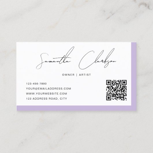 Eenvoudige Blush Paarse Handgeschreven Script QR-c Visitekaartje (Achterkant)