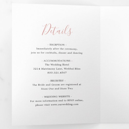 Eenvoudige Blush Roze Bloemen Elegante Bruiloft Drieluik Uitnodiging (Binnenzijde eerst)