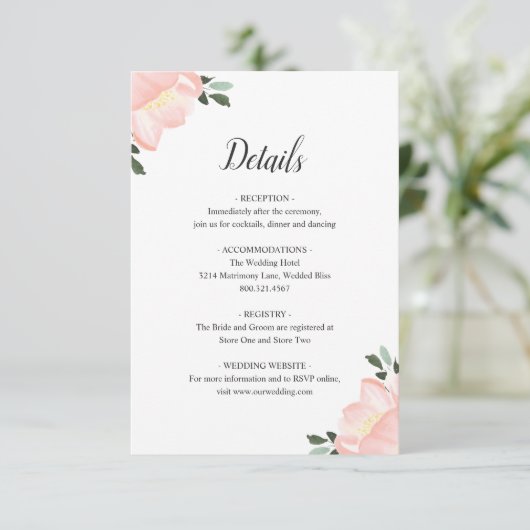 Eenvoudige Blush Roze Bloemen Elegante Bruiloft Informatiekaartje (Staand voorkant)