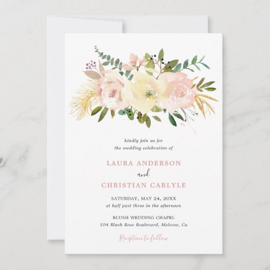 Eenvoudige Blush Roze Bloemen Elegante Bruiloft Kaart (Voorkant)