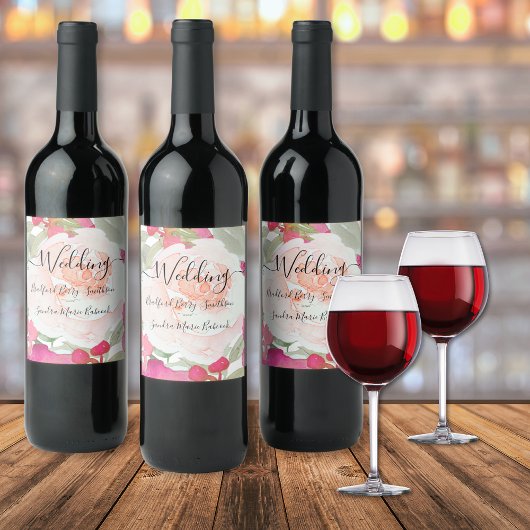 Eenvoudige Blush Roze Fushia Bloemen Bruiloft Wijn Etiket