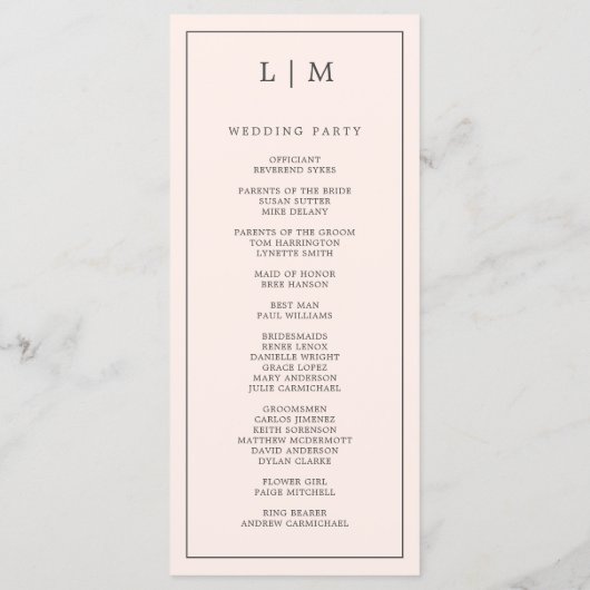 Eenvoudige Blush Roze Monogram Elegante Huwelijk Programmakaart (Achterkant)