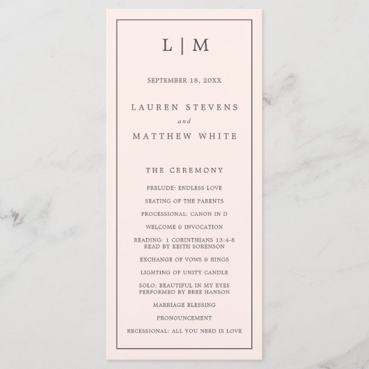 Eenvoudige Blush Roze Monogram Elegante Huwelijk Programmakaart (Voorkant)