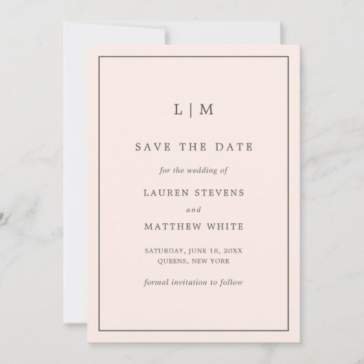 Eenvoudige Blush Roze Monogram Elegante Trouw Save The Date (Voorkant)