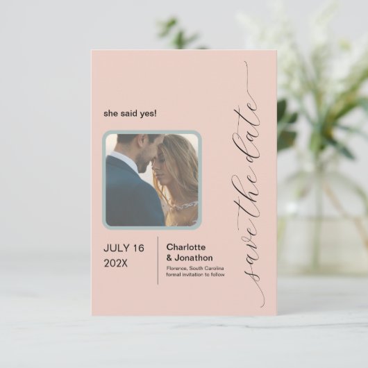Eenvoudige blush | Sage Modern Save the Date (Staand voorkant)