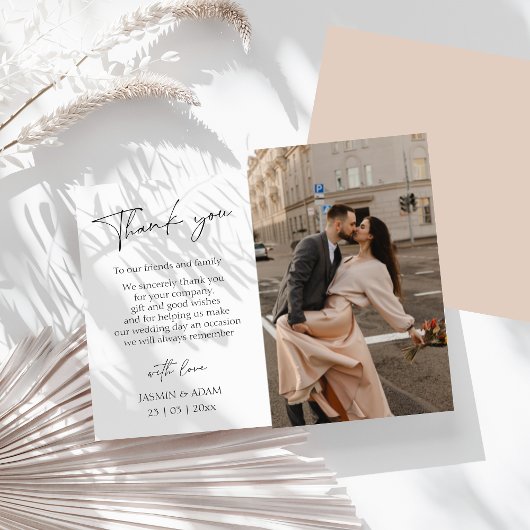 Eenvoudige Blush Script Foto bruiloft Dank u Briefkaart