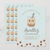 Eenvoudige Boba-bubbelmelk Tea Blue Birthday Kaart (Voorkant / Achterkant)