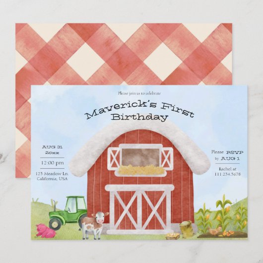 Eenvoudige boerderijpret 1e verjaardagsuitnodiging kaart (Voorkant / Achterkant)