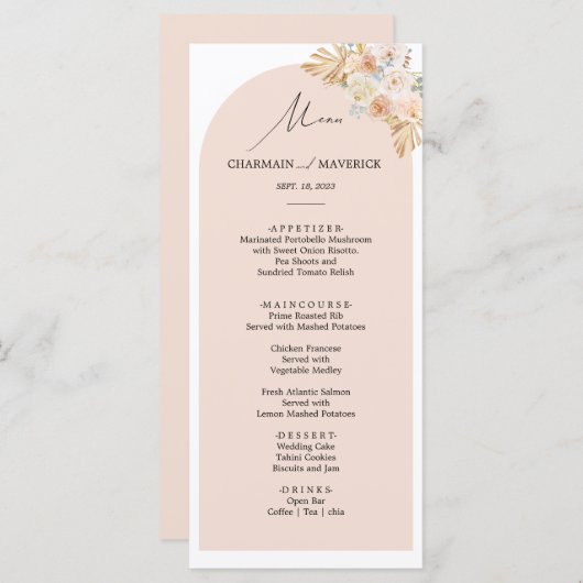 Eenvoudige Boheemse Boog Pampas Grass Bruiloft Menu (Voorkant / Achterkant)