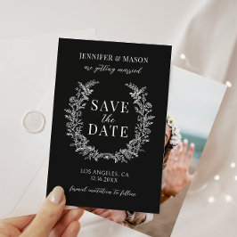 Eenvoudige bohemian zwarte bloemen Save the Date f Kaart