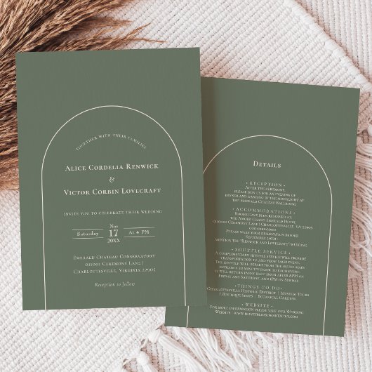 Eenvoudige Boho Arch Sage Green Wedding Details en Kaart