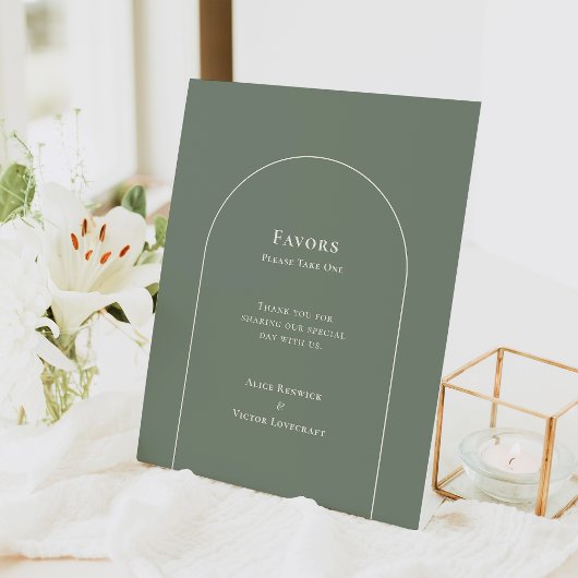 Eenvoudige Boho Arch Sage Green Wedding Favors Reclamebord Met Voetstuk