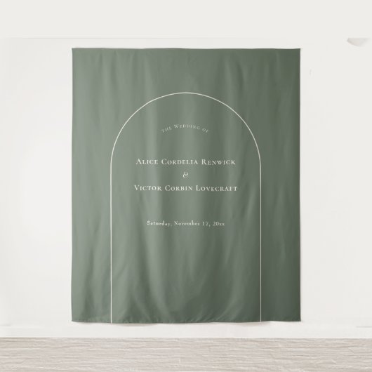 Eenvoudige Boho Arch Sage Green Weduwfoto Achtergr Wandkleed (Voorkant)