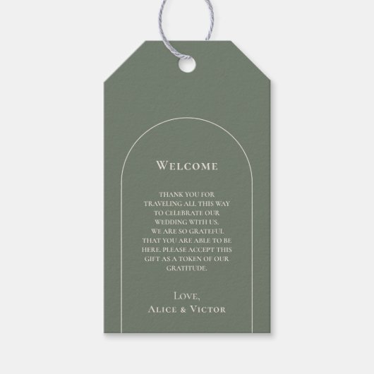 Eenvoudige Boho Arch Sage Green Weduwschap Welkom Cadeaulabel (Voorkant)