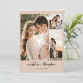 Eenvoudige Boho Beige Script Foto QR Code Trouwen Kaart (Staand voorkant)