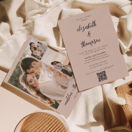 Eenvoudige Boho Beige Script Foto QR Code Trouwen Kaart