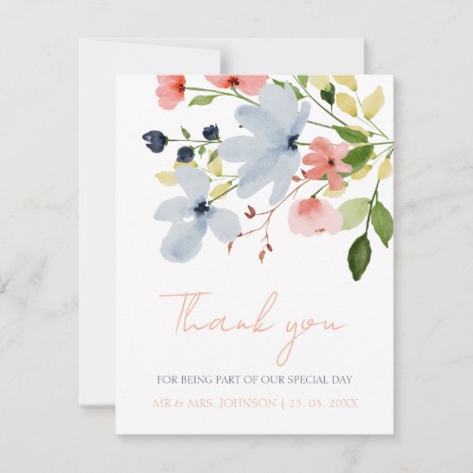 Eenvoudige Boho Blauw en Roze Bloemen Bruiloft Bedankkaart (Voorkant)