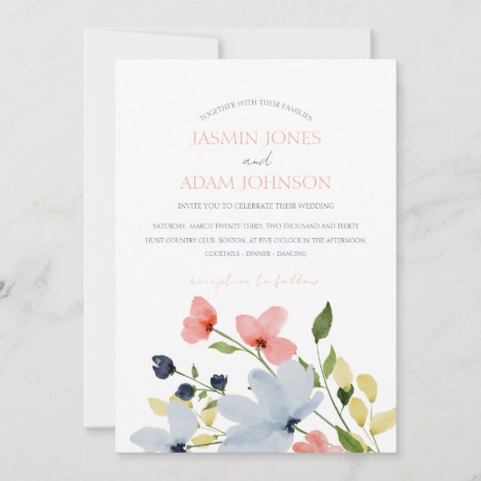 Eenvoudige Boho Blauw en Roze Bloemen Bruiloft Kaart (Voorkant)