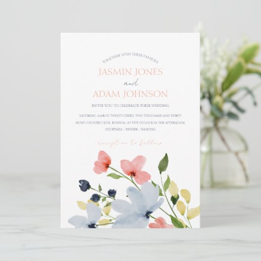 Eenvoudige Boho Blauw en Roze Bloemen Bruiloft Kaart (Staand voorkant)