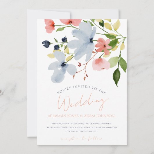 Eenvoudige Boho Blauw en Roze Bloemen Bruiloft Kaart (Voorkant)