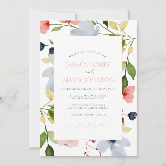 Eenvoudige Boho Blauw en Roze Bloemen Bruiloft Kaart (Voorkant)