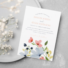 Eenvoudige Boho Blauw en Roze Bloemen Bruiloft Kaart