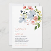 Eenvoudige Boho Blauw en Roze Bloemen Bruiloft Kaart (Voorkant)