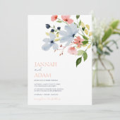 Eenvoudige Boho Blauw en Roze Bloemen Bruiloft Kaart (Staand voorkant)