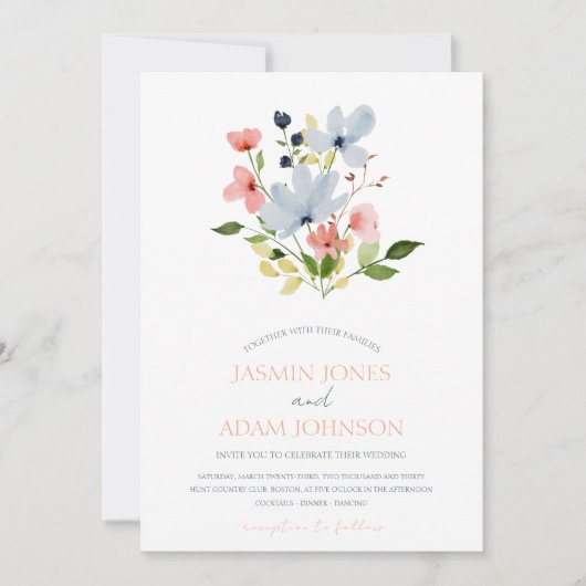 Eenvoudige Boho Blauw en Roze Bloemen Bruiloft Kaart (Voorkant)