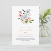Eenvoudige Boho Blauw en Roze Bloemen Bruiloft Kaart (Staand voorkant)