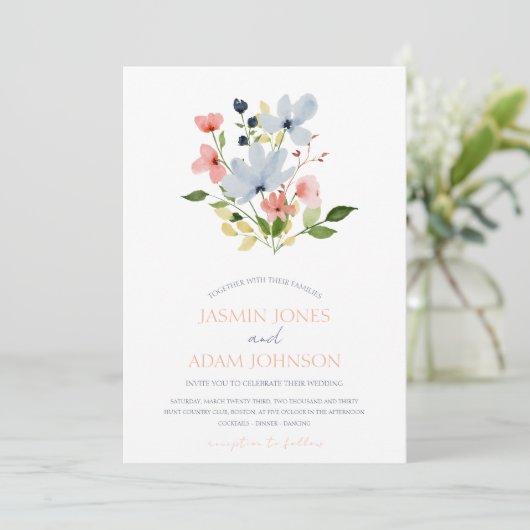 Eenvoudige Boho Blauw en Roze Bloemen Bruiloft Kaart (Staand voorkant)