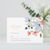 Eenvoudige Boho Blauw en Roze Bloemen Bruiloft RSVP Kaartje (Staand voorkant)