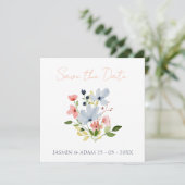 Eenvoudige Boho Blauw en Roze Bloemen Bruiloft Save The Date (Staand voorkant)