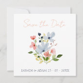 Eenvoudige Boho Blauw en Roze Bloemen Bruiloft Save The Date (Voorkant)