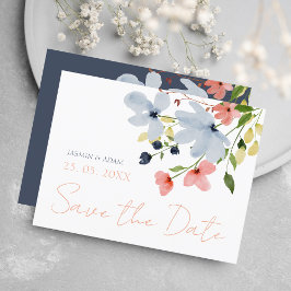 Eenvoudige Boho Blauw Roze Bloemen Bruiloft Save t Briefkaart