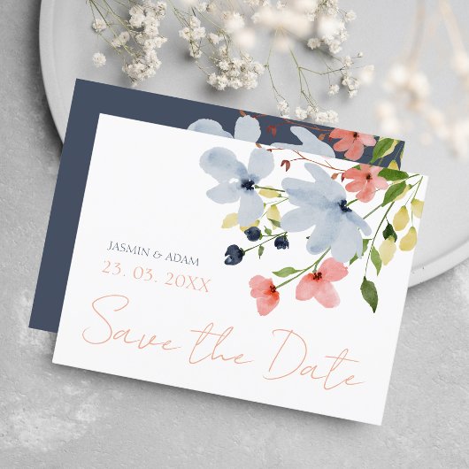 Eenvoudige Boho Blauw Roze Bloemen Bruiloft Save t Briefkaart