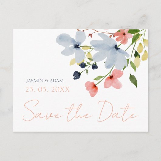 Eenvoudige Boho Blauw Roze Bloemen Bruiloft Save t Briefkaart (Voorkant)