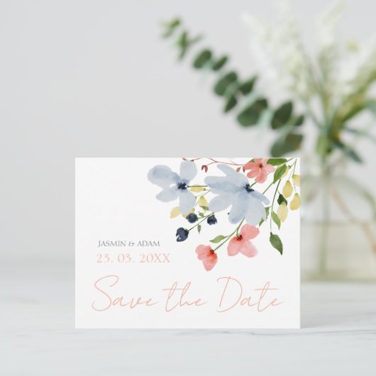 Eenvoudige Boho Blauw Roze Bloemen Bruiloft Save t Briefkaart (Staand voorkant)