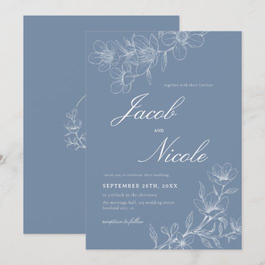 Eenvoudige Boho Bloemen Script Dusty Blue Wedding Kaart (Voorkant / Achterkant)