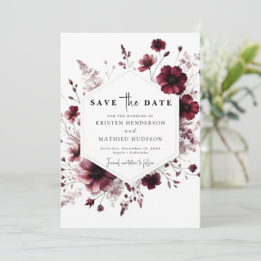 Eenvoudige Boho Bourgondische bruiloft Save The Date (Staand voorkant)