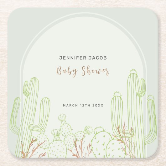 Eenvoudige Boho Cactus Line Art Arch Baby shower Kartonnen Onderzetters (Voorkant)