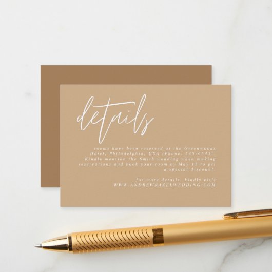 Eenvoudige boho Calligraphy Wedding Detail Enclosu Informatiekaartje (Voorkant / Achterkant in situ)