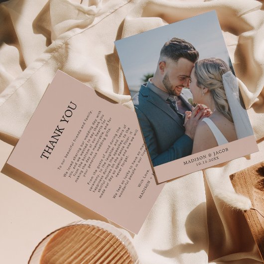 Eenvoudige boho crème beige met foto bruiloft bedankkaart