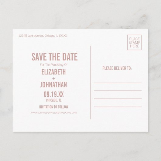 Eenvoudige Boho Dusty Roos Typografie Save the Dat Aankondigingskaart (Achterkant)