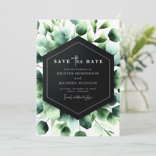 Eenvoudige Boho Eucalyptus digitale bruiloft Save The Date (Staand voorkant)