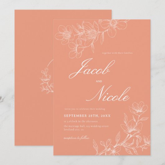 Eenvoudige Boho Floral Script Koraal Wedding Kaart (Voorkant / Achterkant)