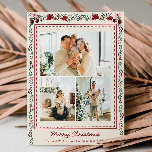 Eenvoudige Boho Kerstgroen Poinsettia 3 Foto Feestdagenkaart