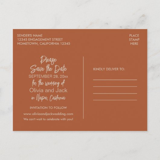 Eenvoudige Boho Minimalist Rust Wedding Save the D Briefkaart (Achterkant)