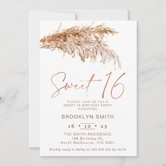 Eenvoudige Boho Pampas Grass Sweet 16 Verjaardag Kaart (Voorkant)
